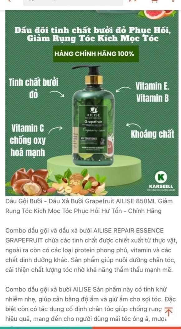 Dầu gội, dầu xả và dầu hấp bưởi Ailise grapefruit 850ml