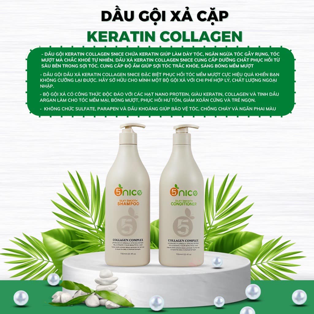Dầu Gội Xả Phục Hồi Tóc Hư Tổn Chống Gàu Keratin Collagen 5NICE 750ml