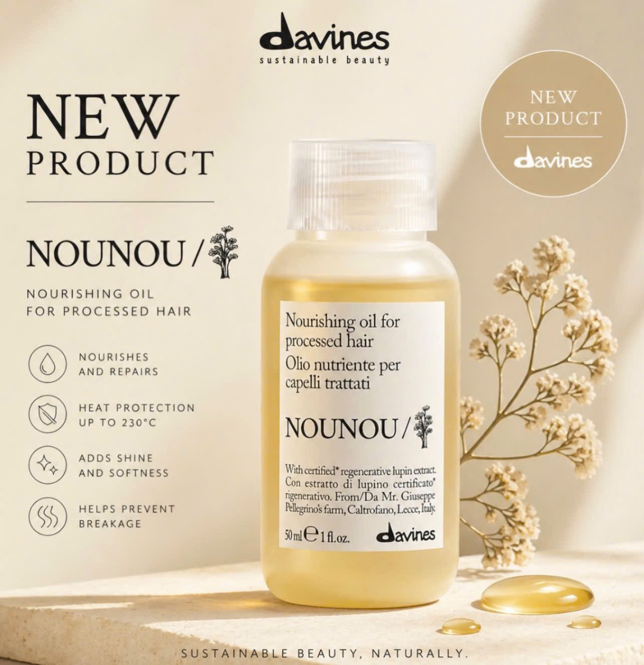 Tinh dầu dưỡng tóc phục hồi hư tổn DAVINES Nounou Oil 50ML