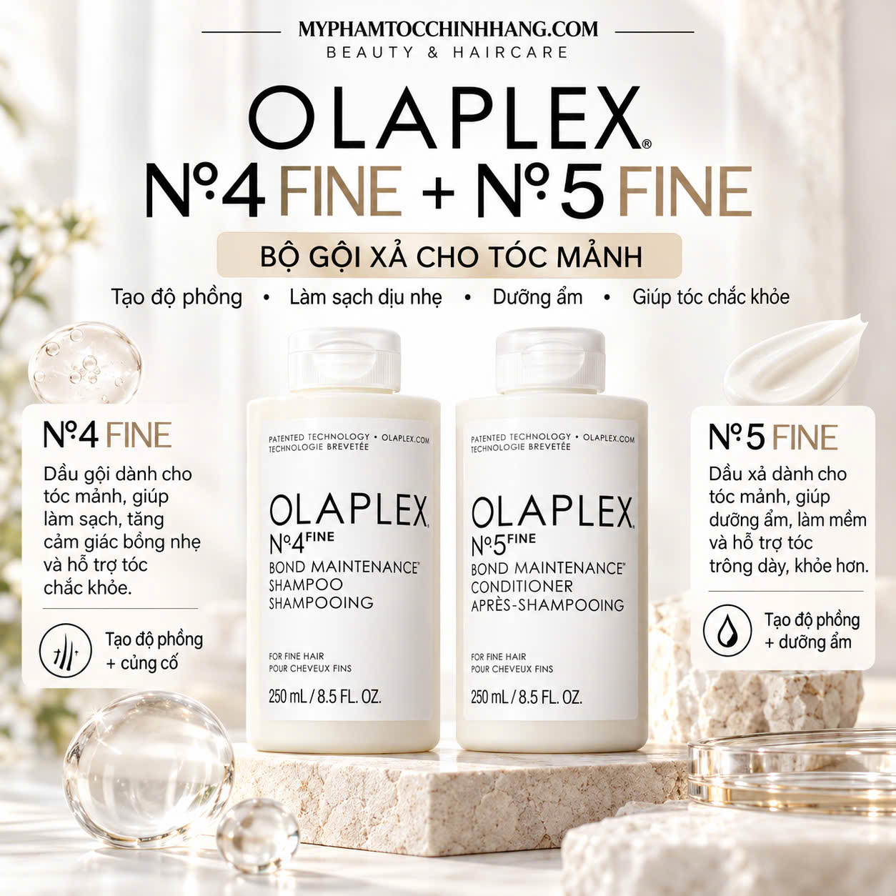 OLAPLEX Nº.4 FINE + Nº.5 FINE 250ML – BỘ GỘI XẢ TĂNG ĐỘ PHỒNG, DƯỠNG ẨM NHẸ CHO TÓC MẢNH