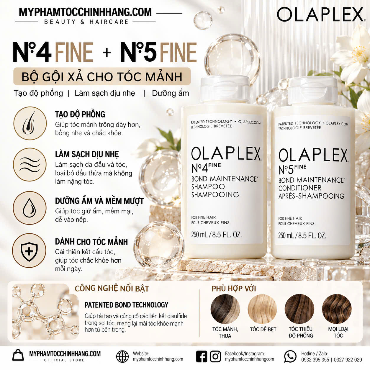 OLAPLEX Nº.4 FINE + Nº.5 FINE 250ML – BỘ GỘI XẢ TĂNG ĐỘ PHỒNG, DƯỠNG ẨM NHẸ CHO TÓC MẢNH