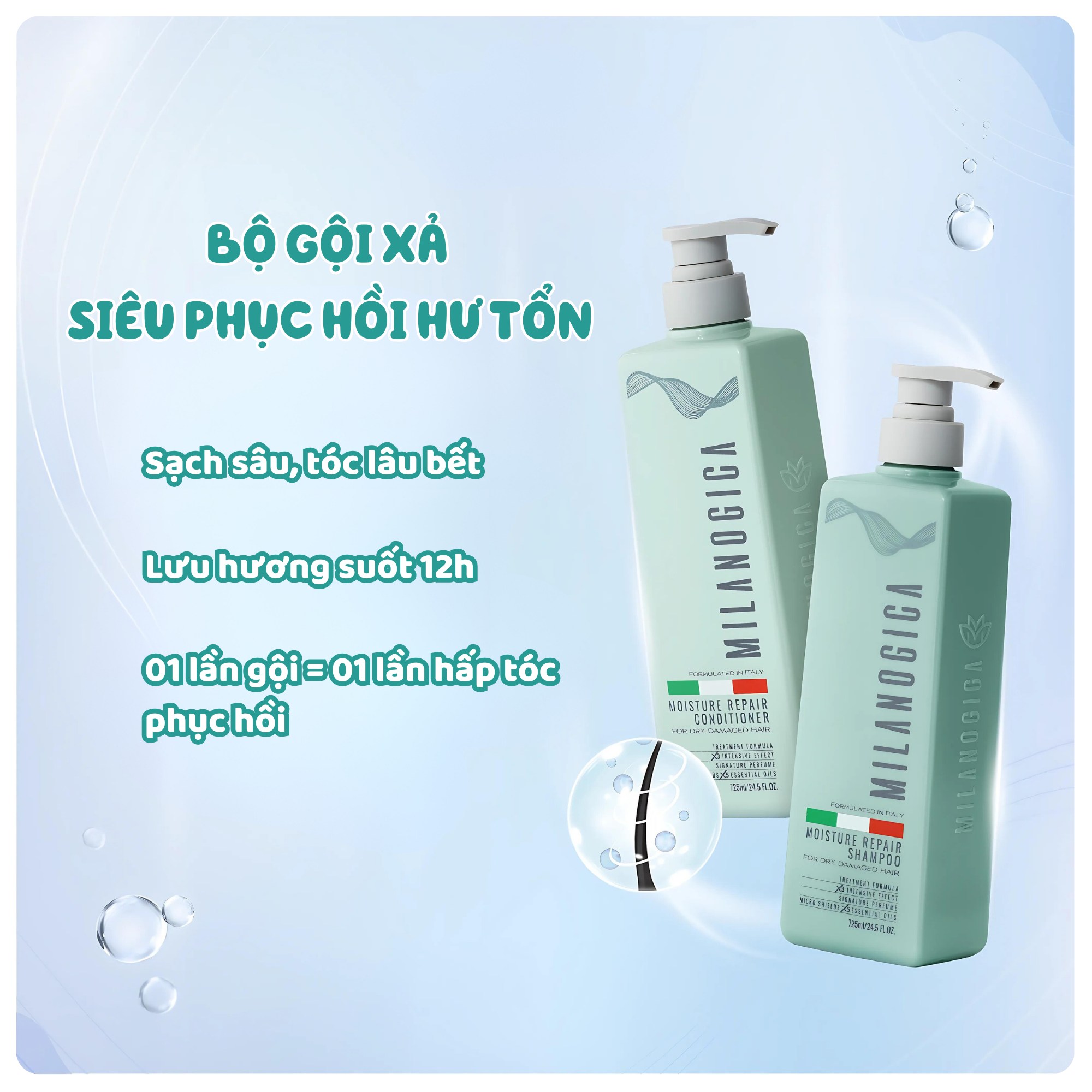 Dầu gội xả Milanogica Phục Hồi Hair Repair Shampoo & Conditioner 355ml - 725ml