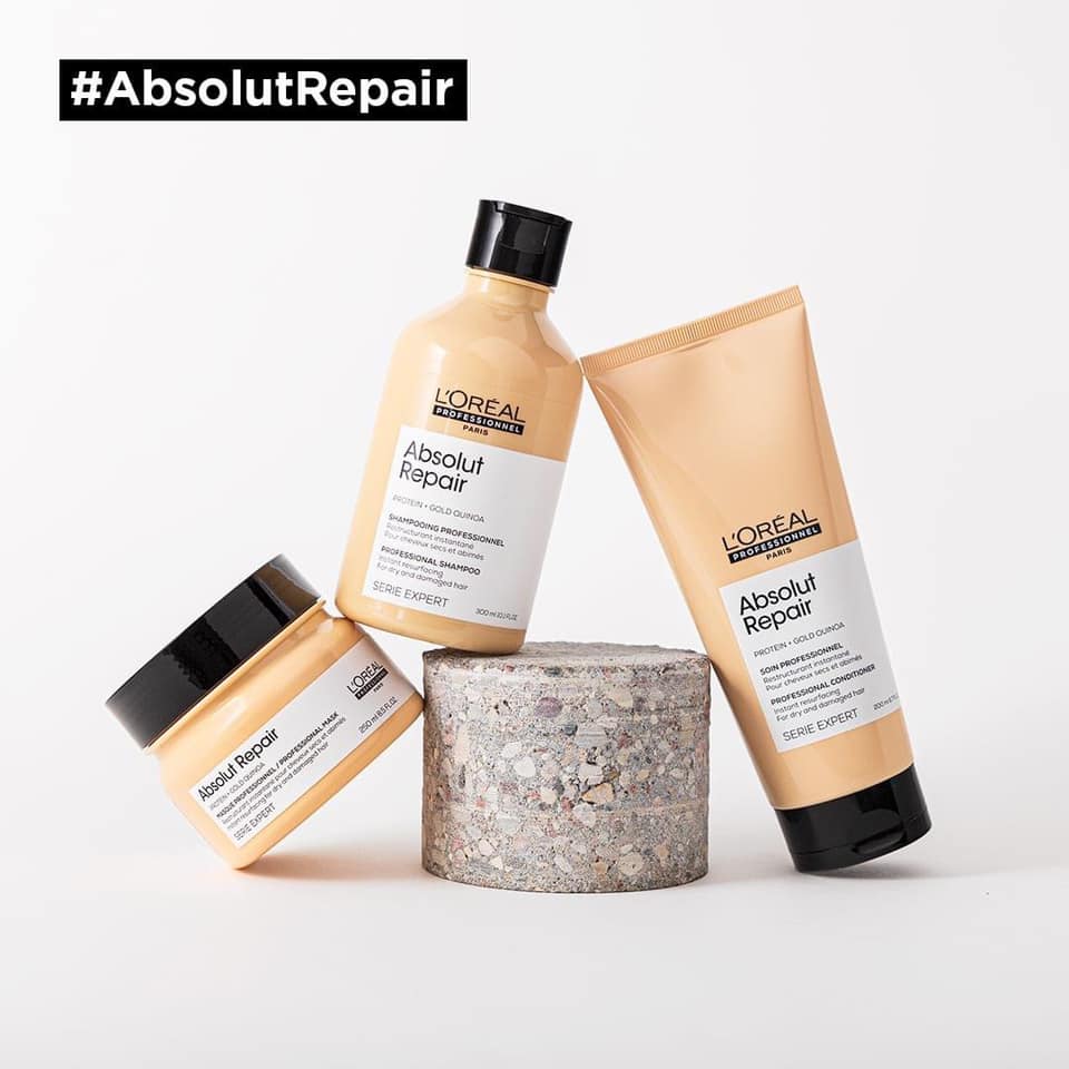 Dầu gội xả hâp, dầu dưỡng tóc phục hồi L'Oréal vàng Absolut Repair