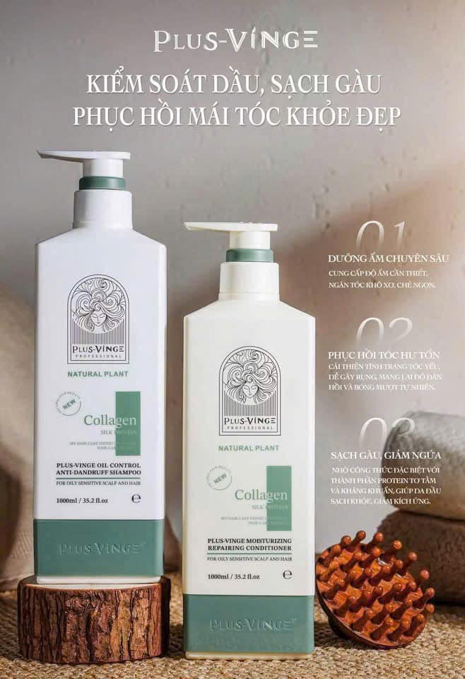 (Mẫu mới 2025) Cặp Dầu Gội Xả Collagen Vinge 1000ML Phục Hồi, Giảm Rụng, Kích mọc tóc