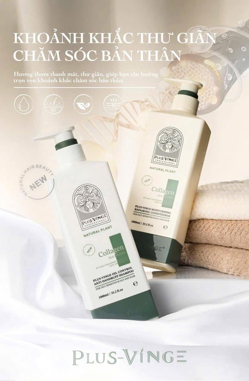 (Mẫu mới 2025) Cặp Dầu Gội Xả Collagen Vinge 1000ML Phục Hồi, Giảm Rụng, Kích mọc tóc