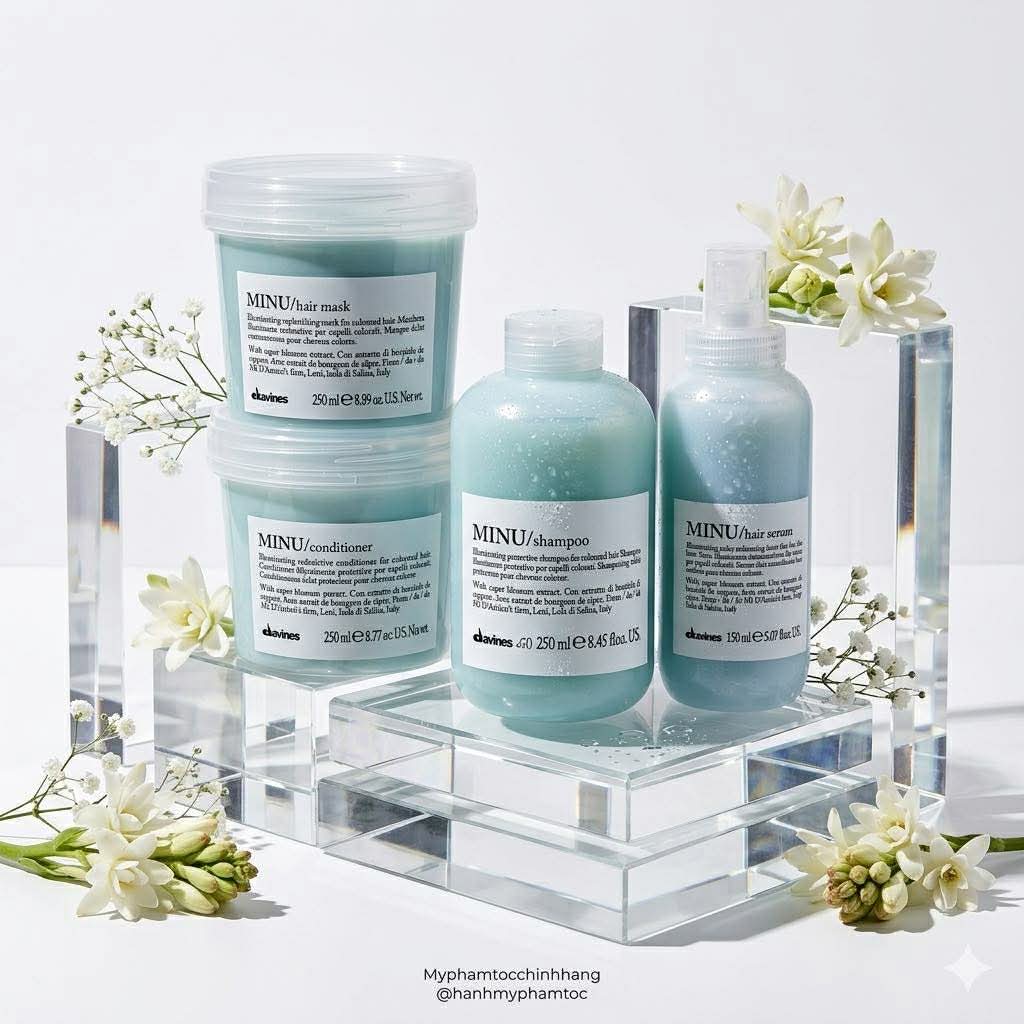 Bộ sản phẩm DAVINES MINU gồm dầu gội, dầu xả và hấp – chuyên dùng cho tóc nhuộm