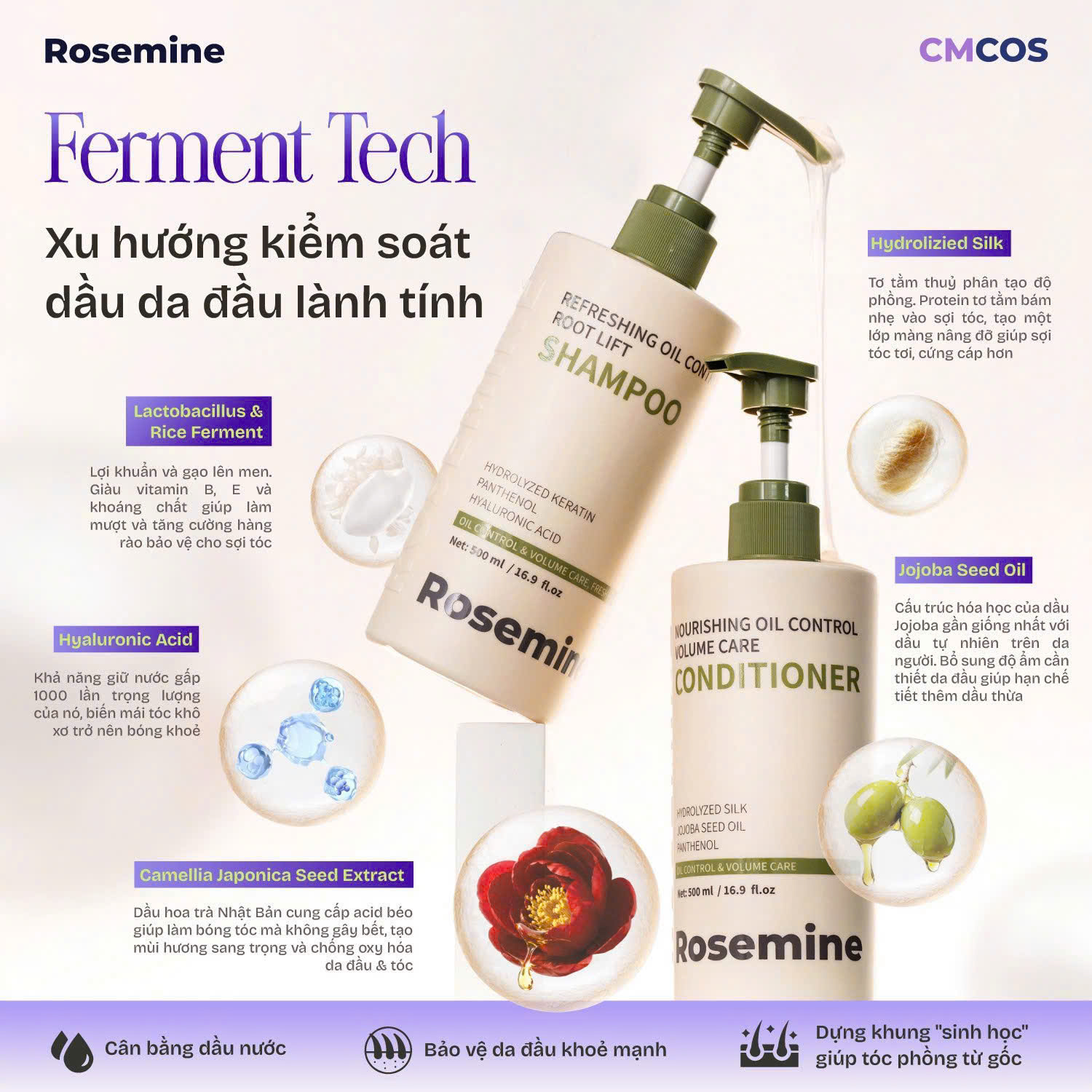 ROSEMINE PROFESSIONAL Gội xả giảm rụng, kiểm soát dầu tạo độ phồng và phục hồi tóc hư tổn 500 ml