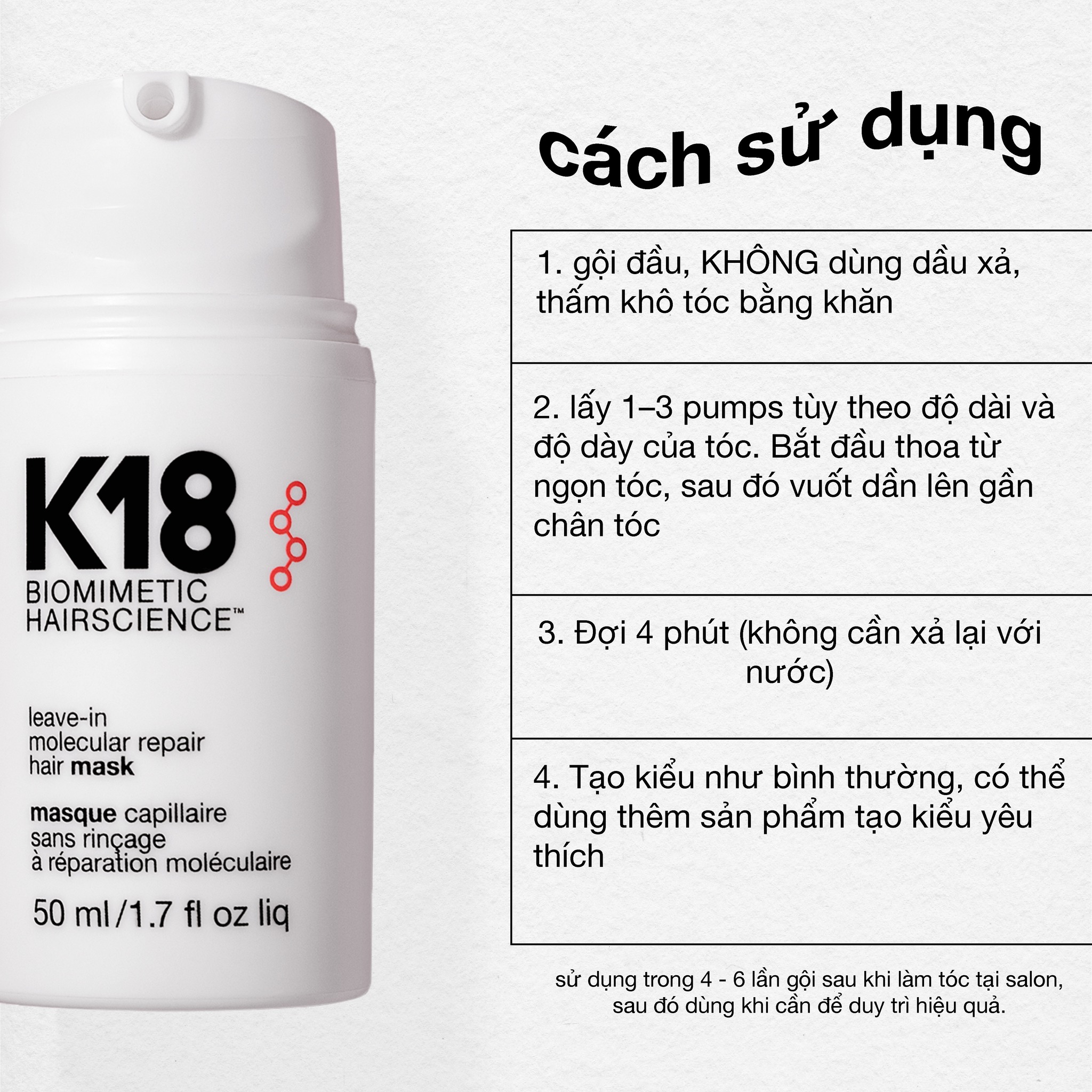 Mặt nạ K18 siêu phục hồi phân tử - K18 leave-in molecular repair hair mask 50ML