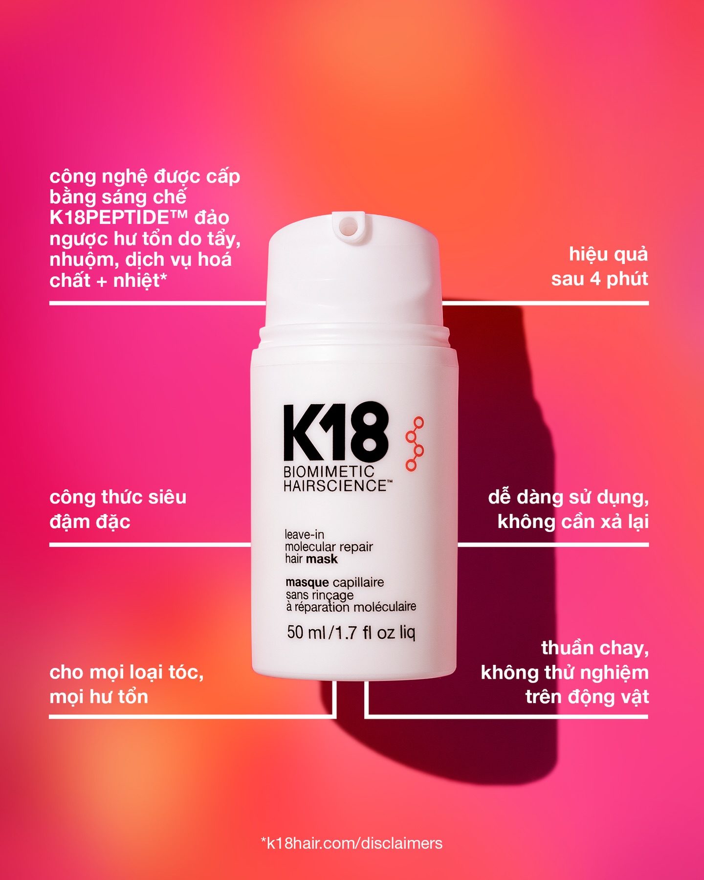 Mặt nạ K18 siêu phục hồi phân tử - K18 leave-in molecular repair hair mask 50ML