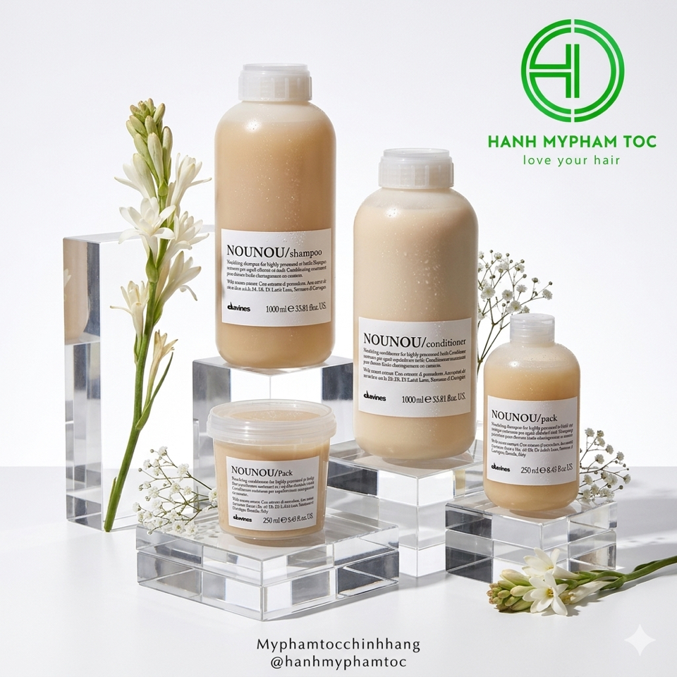 Bộ sản phẩm DAVINES NOUNOU gồm dầu gội, dầu xả và hấp – được thiết kế đặc biệt cho tóc nhuộm, tẩy, tóc khô yếu cần phục hồi sâu