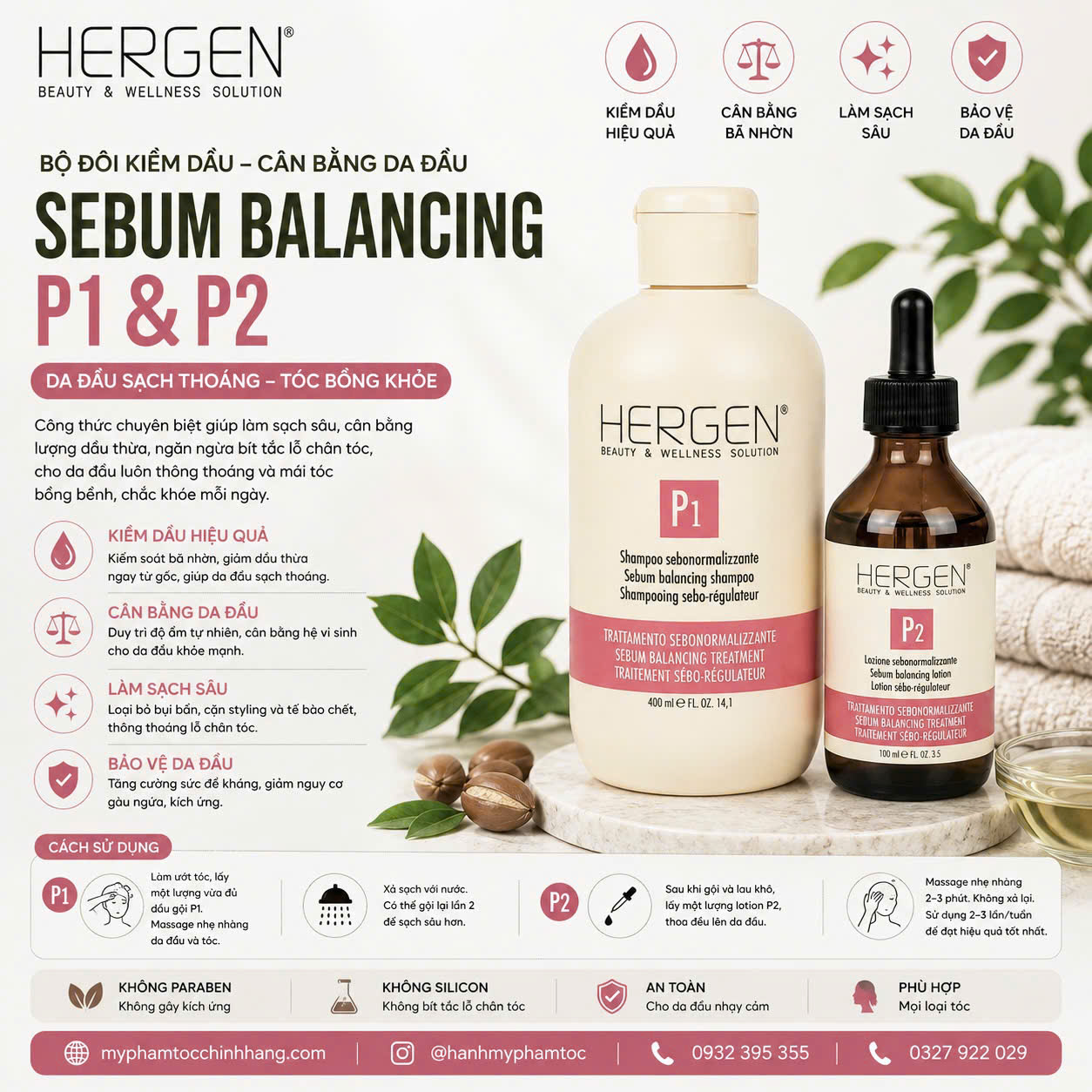 Combo B.E.S Hergen Sebum Balancing P1 & P2 | Gội & Lotion Cân Bằng Bã Nhờn Cho Da Đầu Dầu
