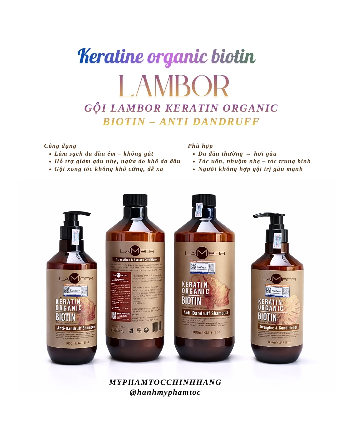 Dầu gội xả Lambor keratin organic biotin 500ml - 1000ml