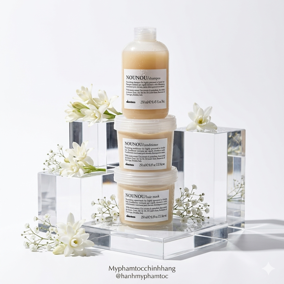 Bộ sản phẩm DAVINES NOUNOU gồm dầu gội, dầu xả và hấp – được thiết kế đặc biệt cho tóc nhuộm, tẩy, tóc khô yếu cần phục hồi sâu