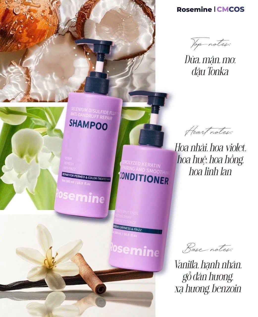 ROSEMINE PROFESSIONAL Gội xả giảm rụng, kiểm soát dầu tạo độ phồng và phục hồi tóc hư tổn 500 ml