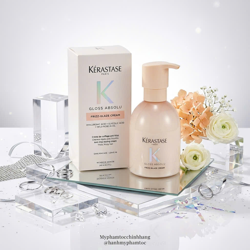 Kem dưỡng đa năng Kérastase Gloss Absolu Frizz-Glaze Cream 240ml | Kem xả khô chống xù, dưỡng bóng và kiểm soát tóc dày, tóc xoăn