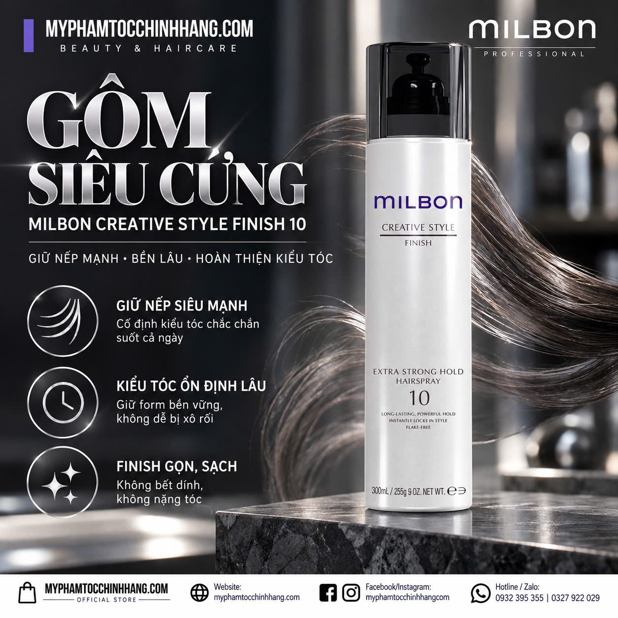 Milbon Global Style Finish 10 300ml | Gôm Xịt Tóc Giữ Nếp Siêu Mạnh