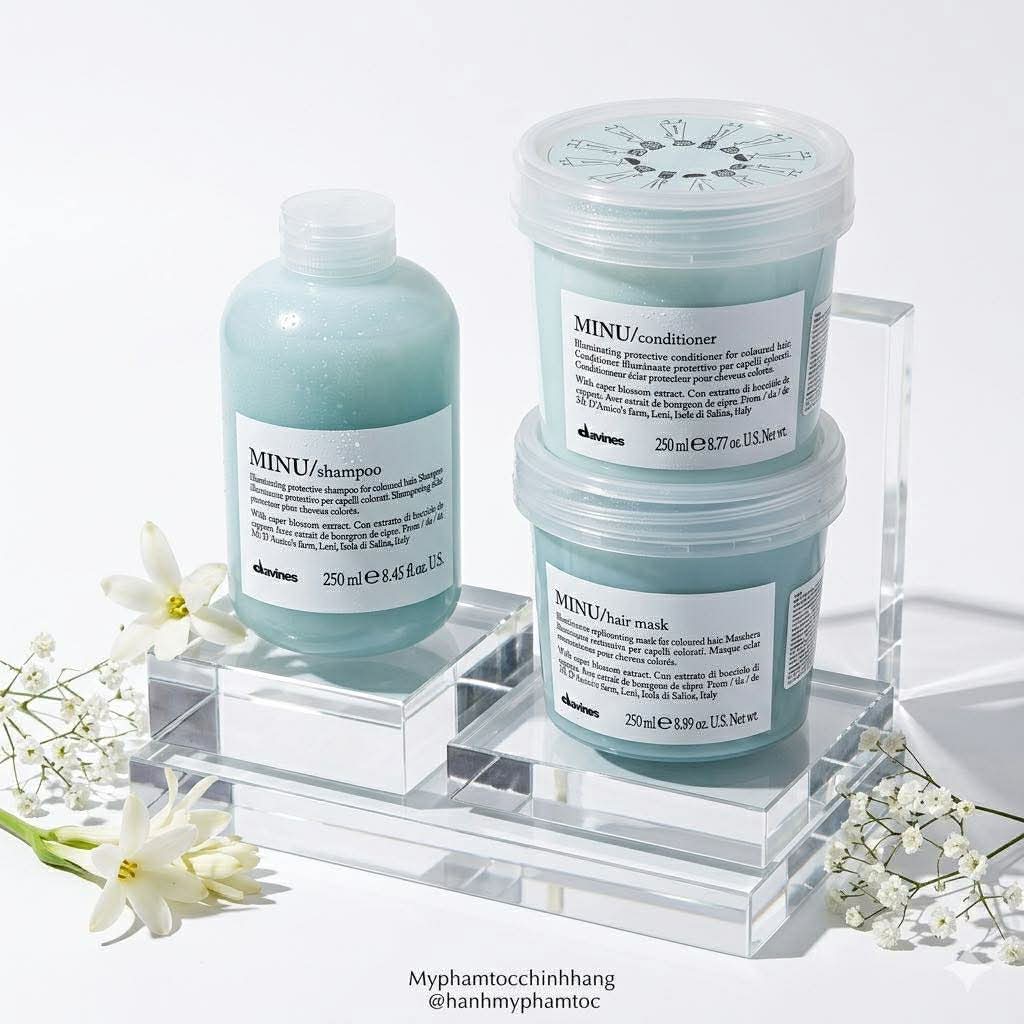 Bộ sản phẩm DAVINES MINU gồm dầu gội, dầu xả và hấp – chuyên dùng cho tóc nhuộm