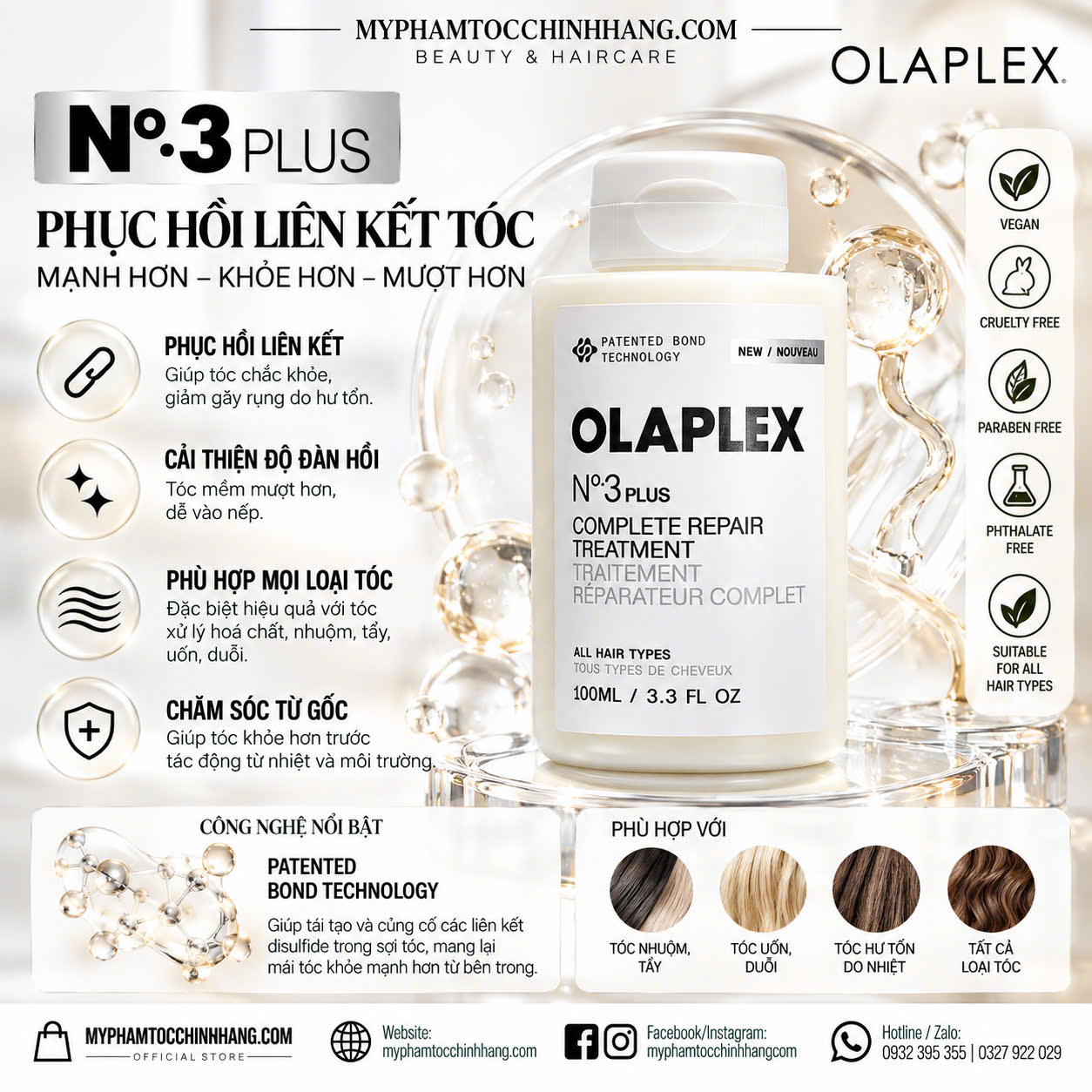 OLAPLEX Nº.3PLUS COMPLETE REPAIR TREATMENT 100ML – PHỤC HỒI TÓC HƯ TỔN TRONG 3 PHÚT