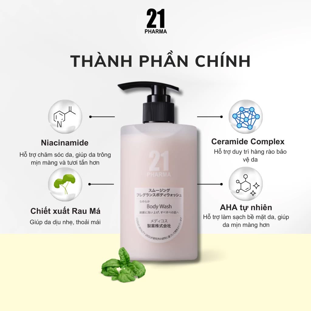 Sữa Tắm 21 Pharma Body Wash Dưỡng Sáng Da Nhật Bản 500ml | Làm Sạch, Dưỡng Ẩm, Mềm Mịn