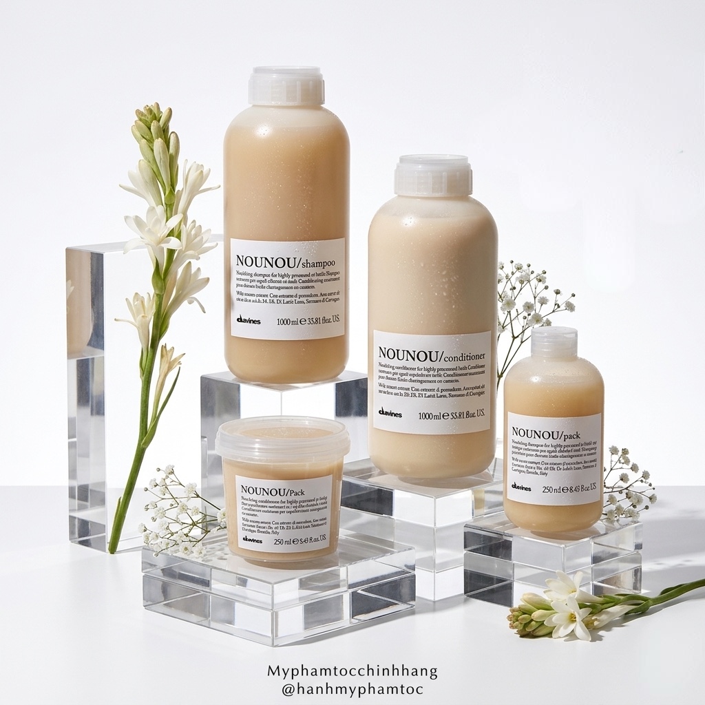 Bộ sản phẩm DAVINES NOUNOU gồm dầu gội, dầu xả và hấp – được thiết kế đặc biệt cho tóc nhuộm, tẩy, tóc khô yếu cần phục hồi sâu