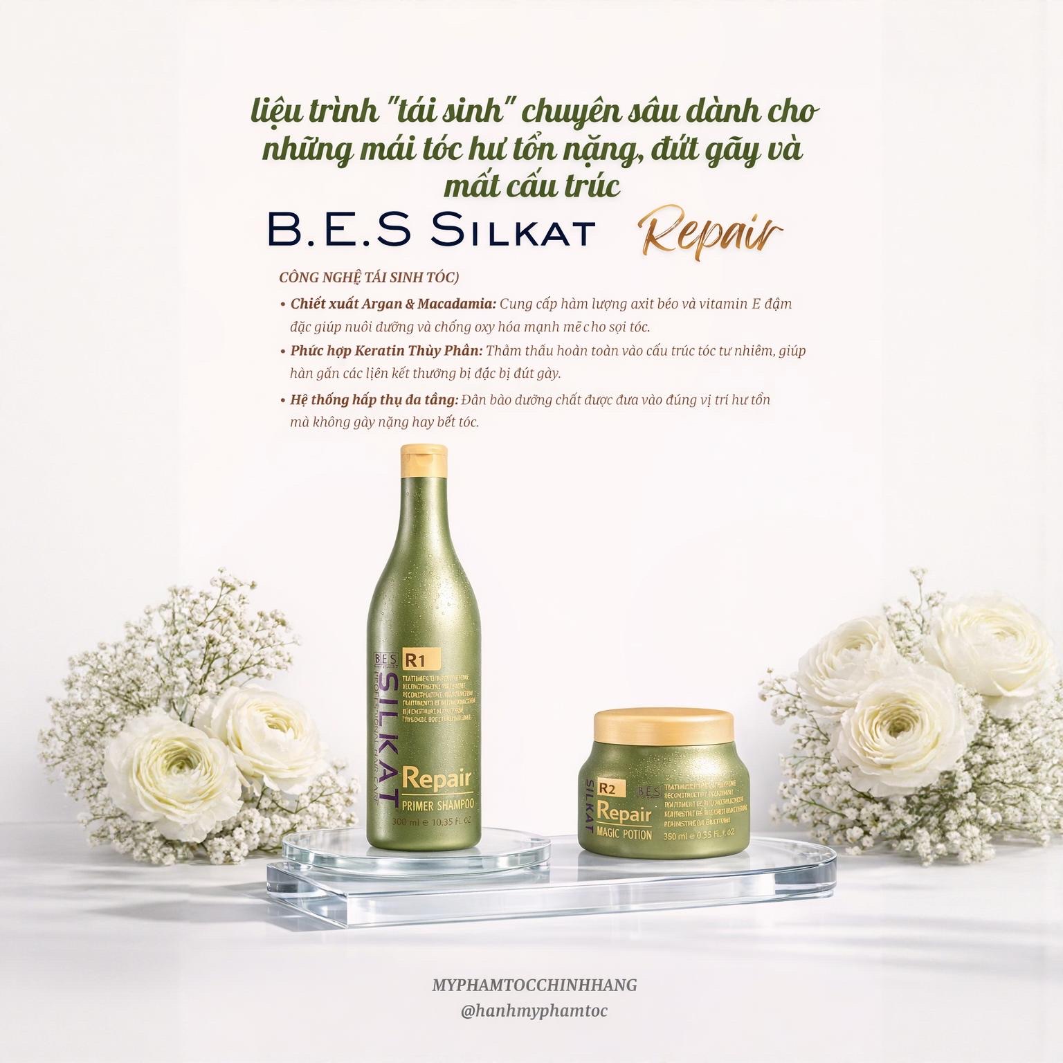 DẦU GỘI VÀ DẦU HẤP BES SILKAT REPAIR R1 VÀ R2 1000ML - 500ML