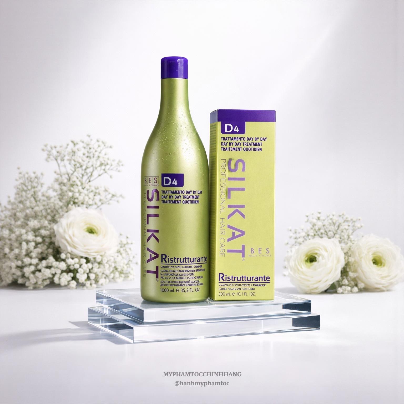 DẦU GỘI BES SILKAT PHỤC HỒI TÓC D4 Repairing Shampoo +DẦU XẢ SILKAT SIÊU MƯỢT D2  Smoothing Conditioner 1000ML