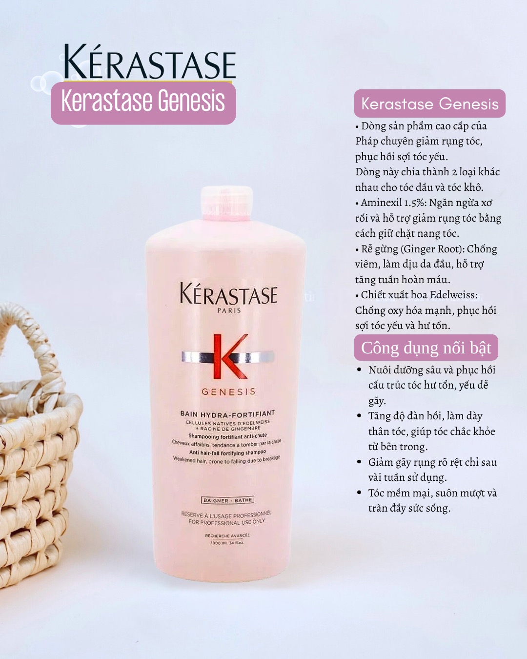 Dầu gội và dầu xả Kérastase Genesis phục hồi sợi tóc yếu, giảm đứt gãy thân tóc