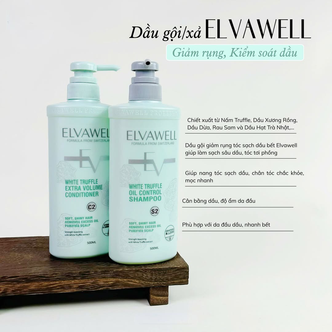 Dầu gội xả Elvawell White Truffle Oil Control Shampoo & Extra Volume Conditioner (Màu xanh) kiềm dầu, tóc mềm bồng bềnh 500ml/1000ml