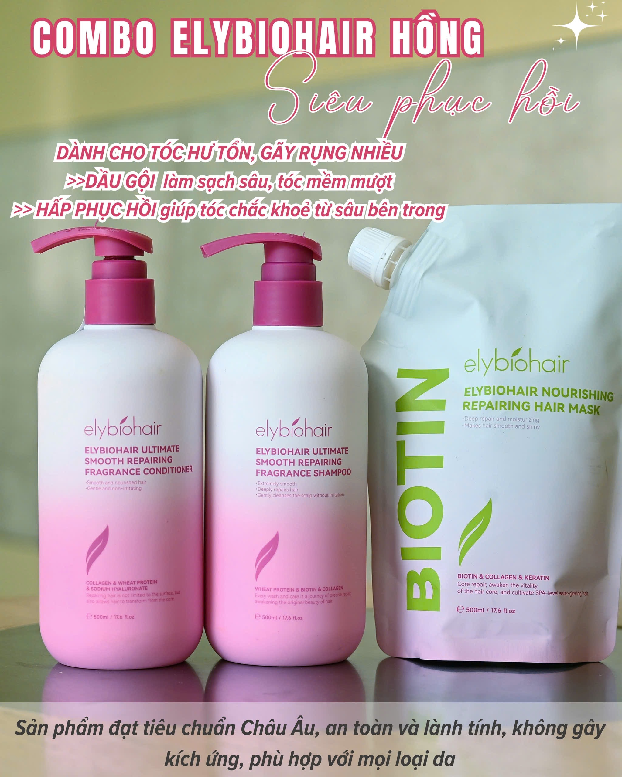 Cặp Dầu Gội Xả Elybiohair Collagen & Biotin Moisturizing 1000ml