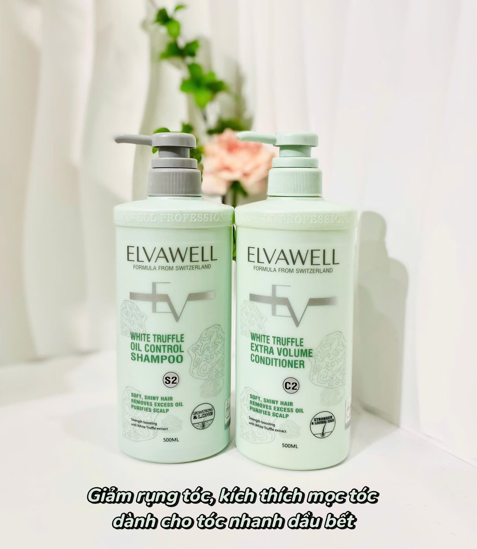 Dầu gội xả Elvawell White Truffle Oil Control Shampoo & Extra Volume Conditioner (Màu xanh) kiềm dầu, tóc mềm bồng bềnh 500ml/1000ml