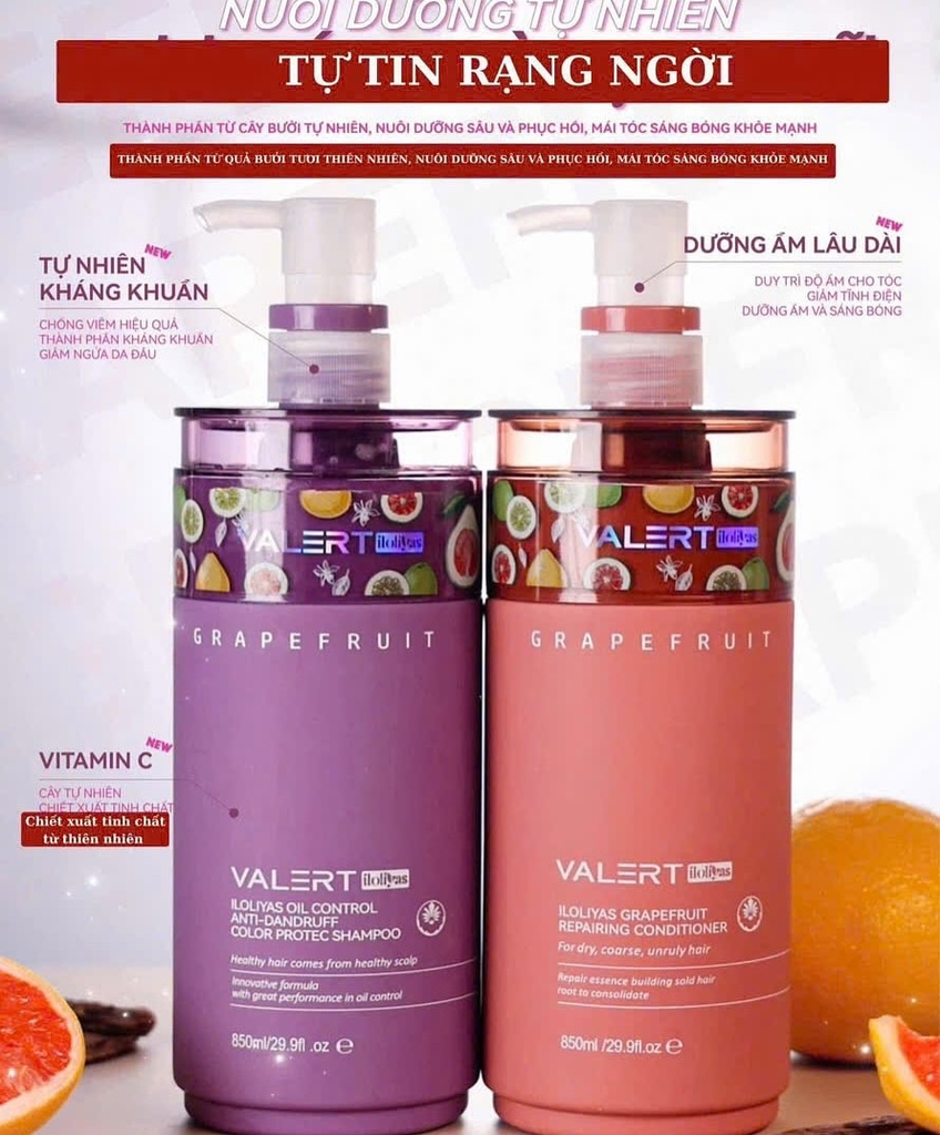 Cặp Gội Xả Bưởi Valert Grapefruit Mẫu Mới 2025 850ml
