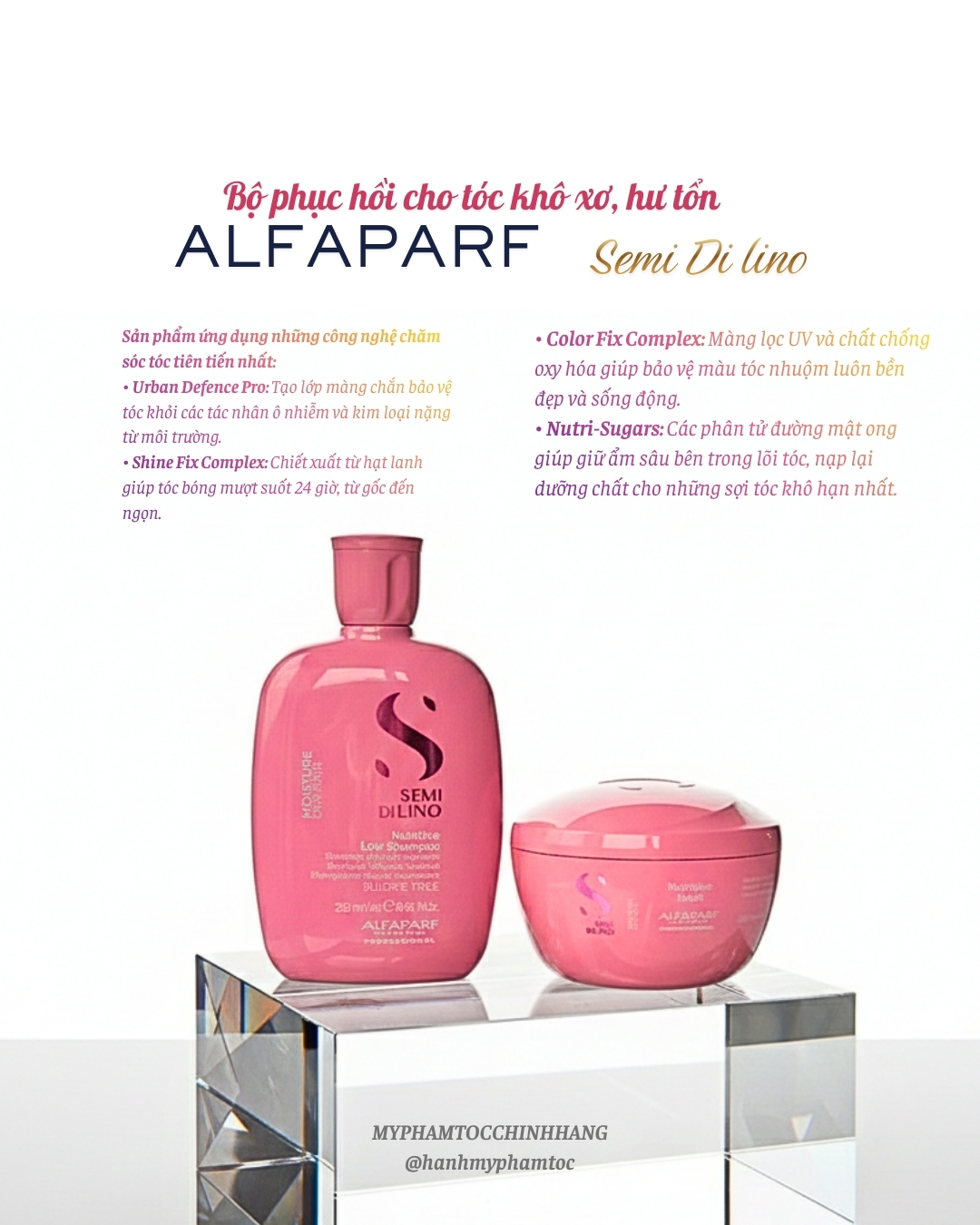 Dầu gội, mặt nạ tóc, kem xả khô giữ ẩm Alfaparf Milano SDL Moisture (Semi Di Lino Moisture Nutritive Low Shampoo, Mask & Leave-in Conditioner)