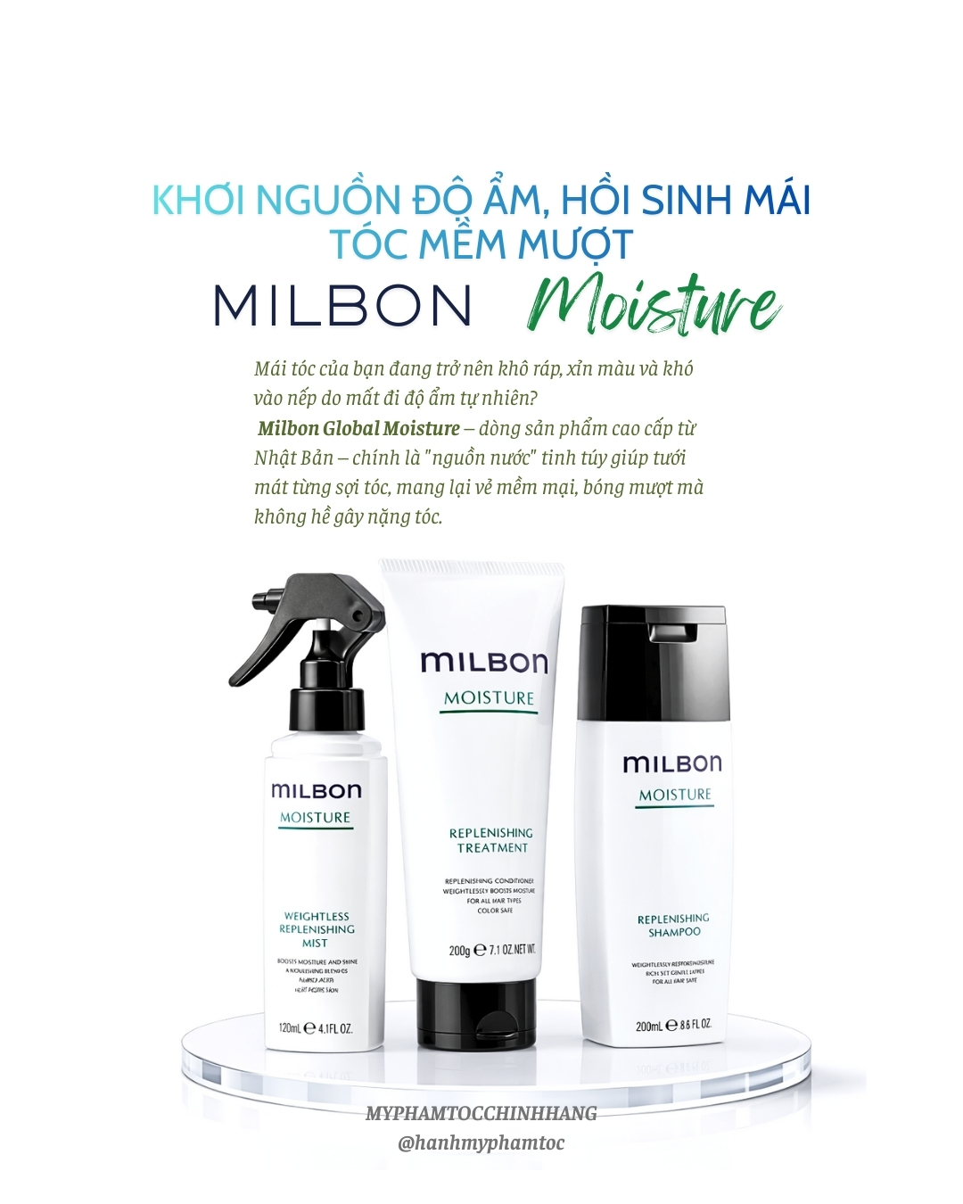 Gội xả Milbon Replenishing Moisture dưỡng ẩm, phục hồi tóc khô uốn duỗi 200ml- 500ml