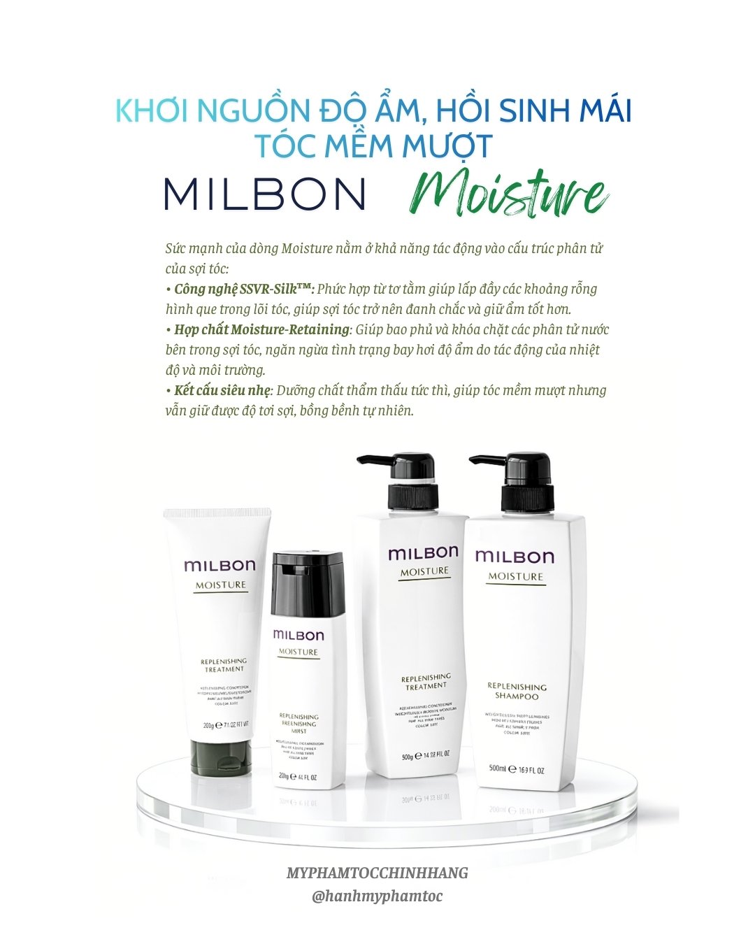 Gội xả Milbon Replenishing Moisture dưỡng ẩm, phục hồi tóc khô uốn duỗi 200ml- 500ml