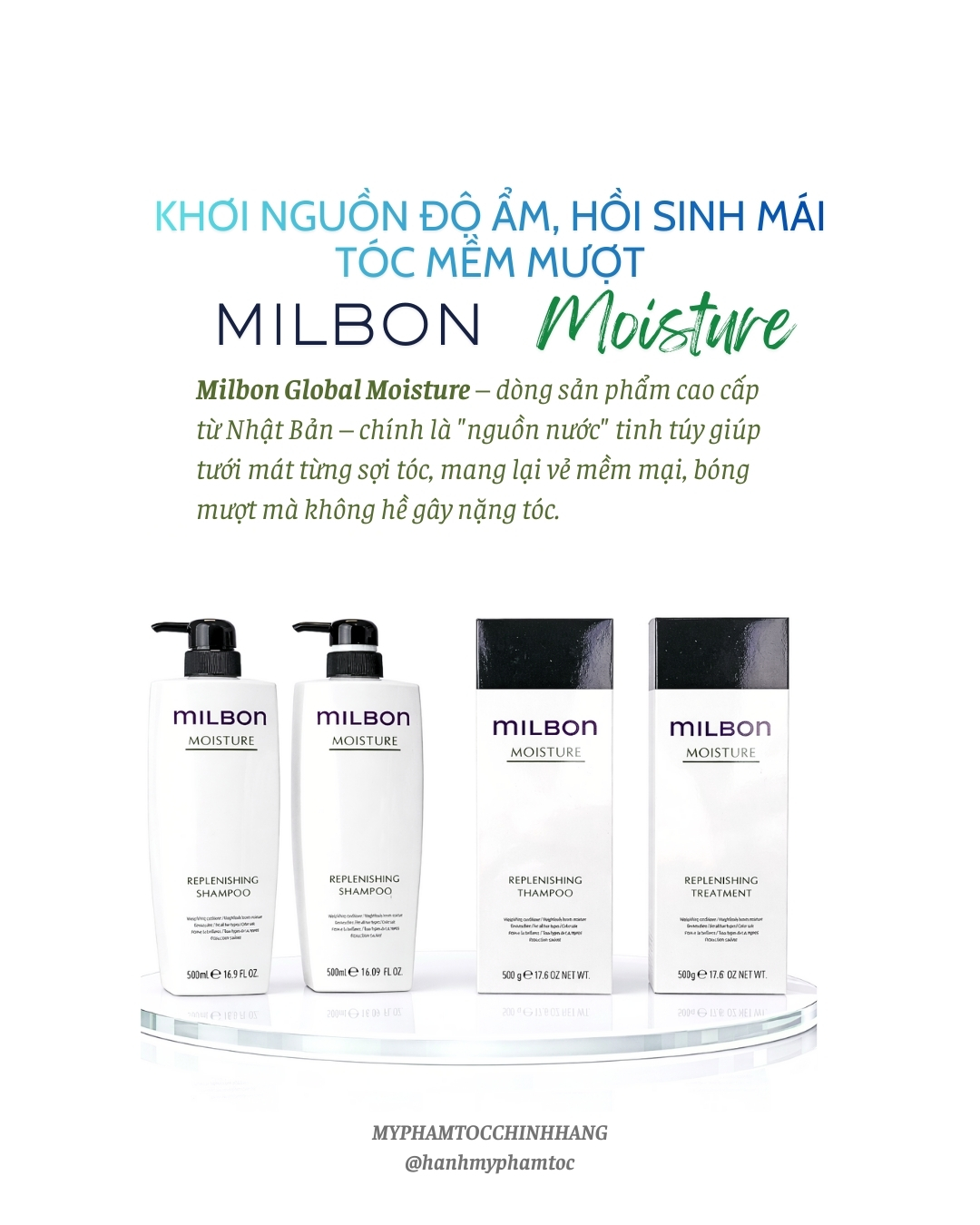 Gội xả Milbon Replenishing Moisture dưỡng ẩm, phục hồi tóc khô uốn duỗi 200ml- 500ml
