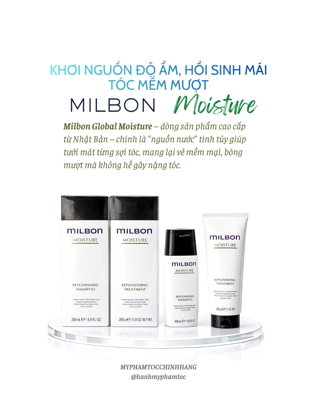 Gội xả Milbon Replenishing Moisture dưỡng ẩm, phục hồi tóc khô uốn duỗi 200ml- 500ml