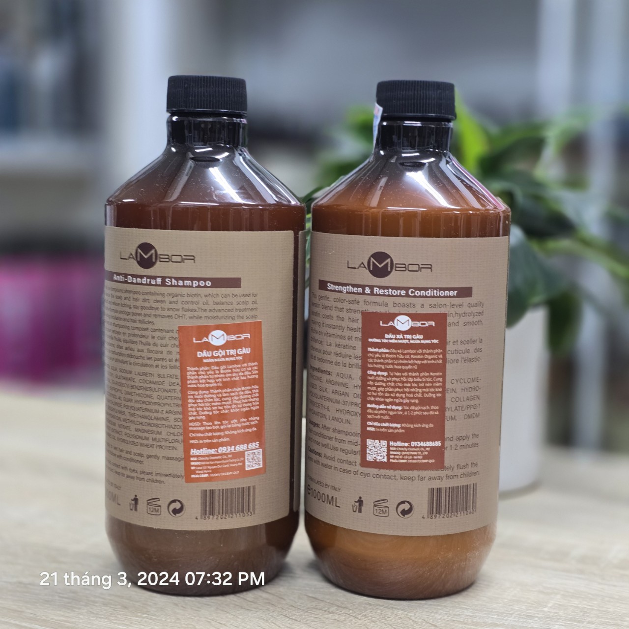 Dầu gội xả Lambor keratin organic biotin 1000ml