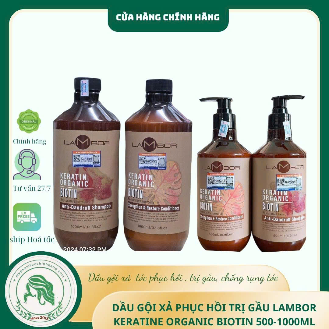 Dầu gội xả Lambor keratin organic biotin 1000ml