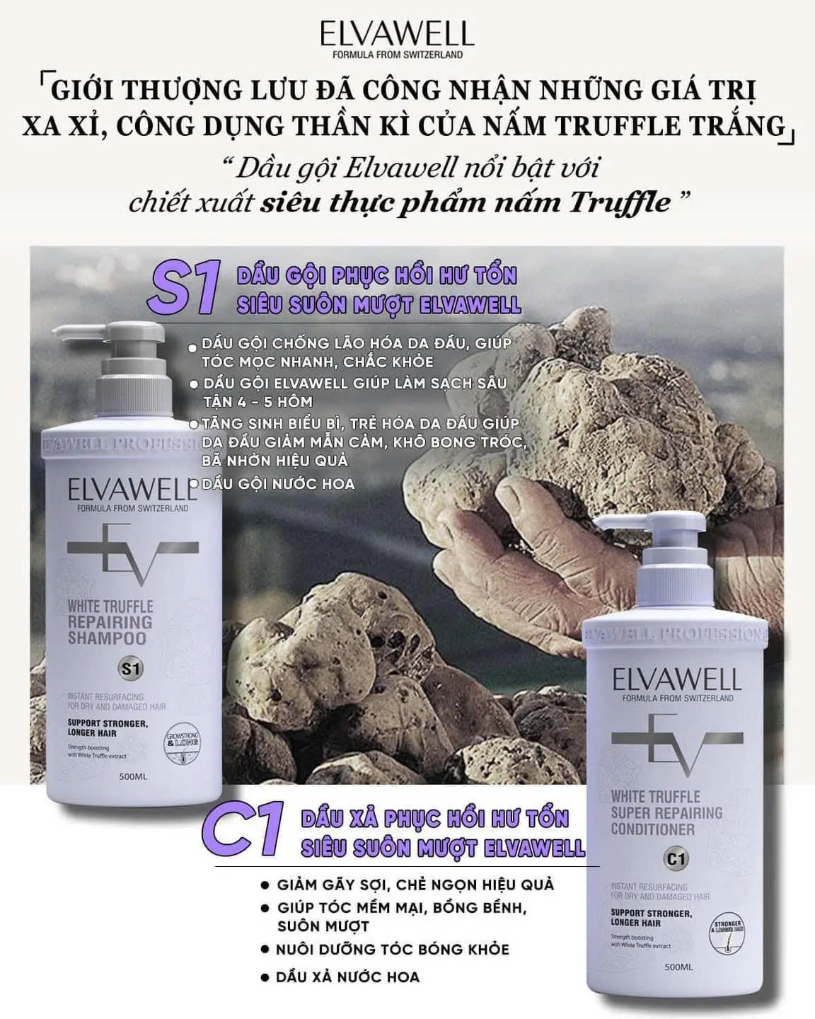 Dầu gội xả  Elvawell White Truffle Shampoo & Conditioner (Màu tím) phục hồi suôn mượt cho tóc khô xơ hư tổn 500ml/1000ml