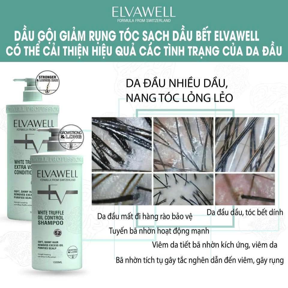 Dầu gội xả Elvawell White Truffle Oil Control Shampoo & Extra Volume Conditioner (Màu xanh) kiềm dầu, tóc mềm bồng bềnh 500ml/1000ml