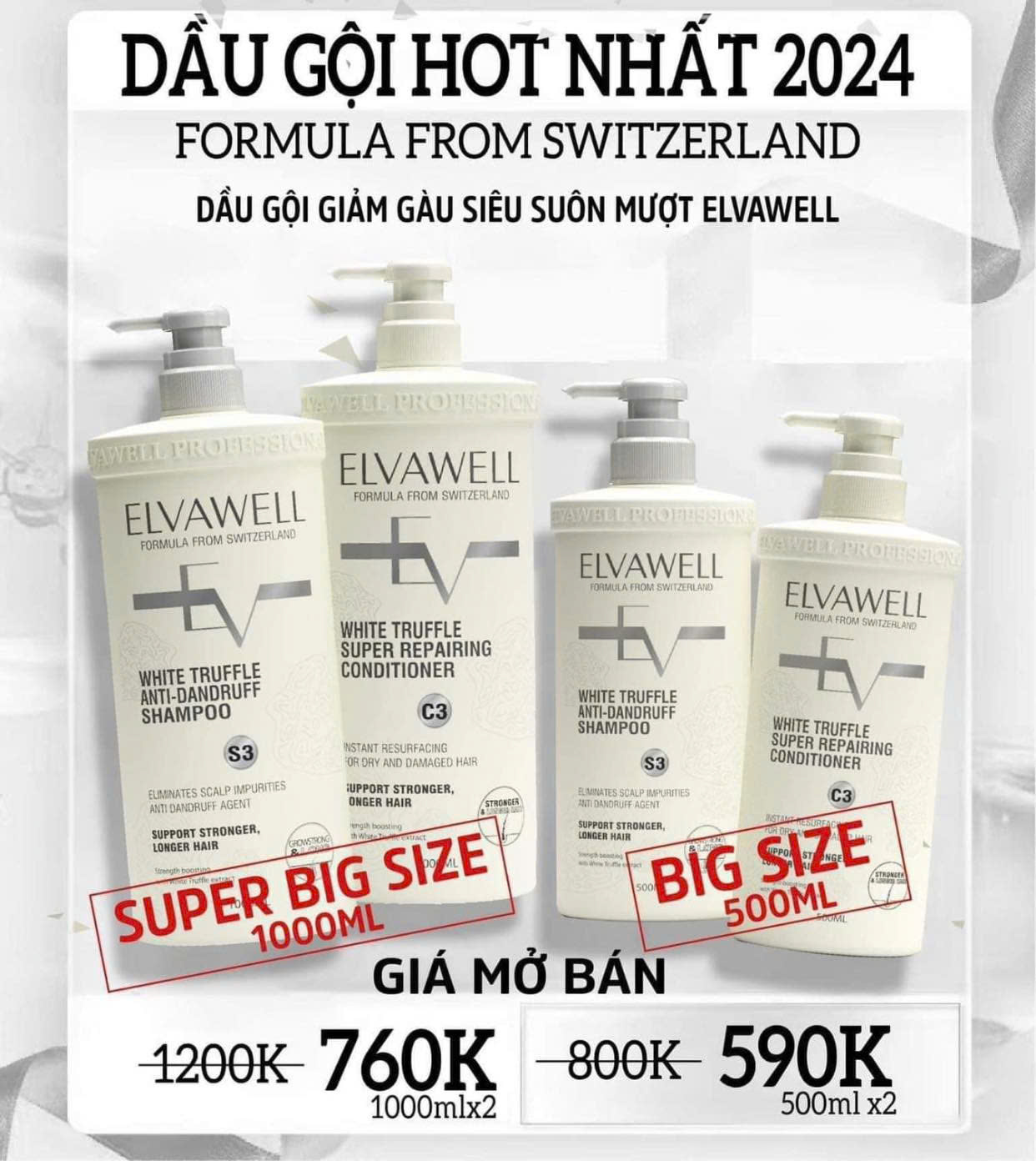 Dầu gội xả chiết xuất nấm Elvawell White Truffle Shampoo, Conditioner 500ml 1000ml