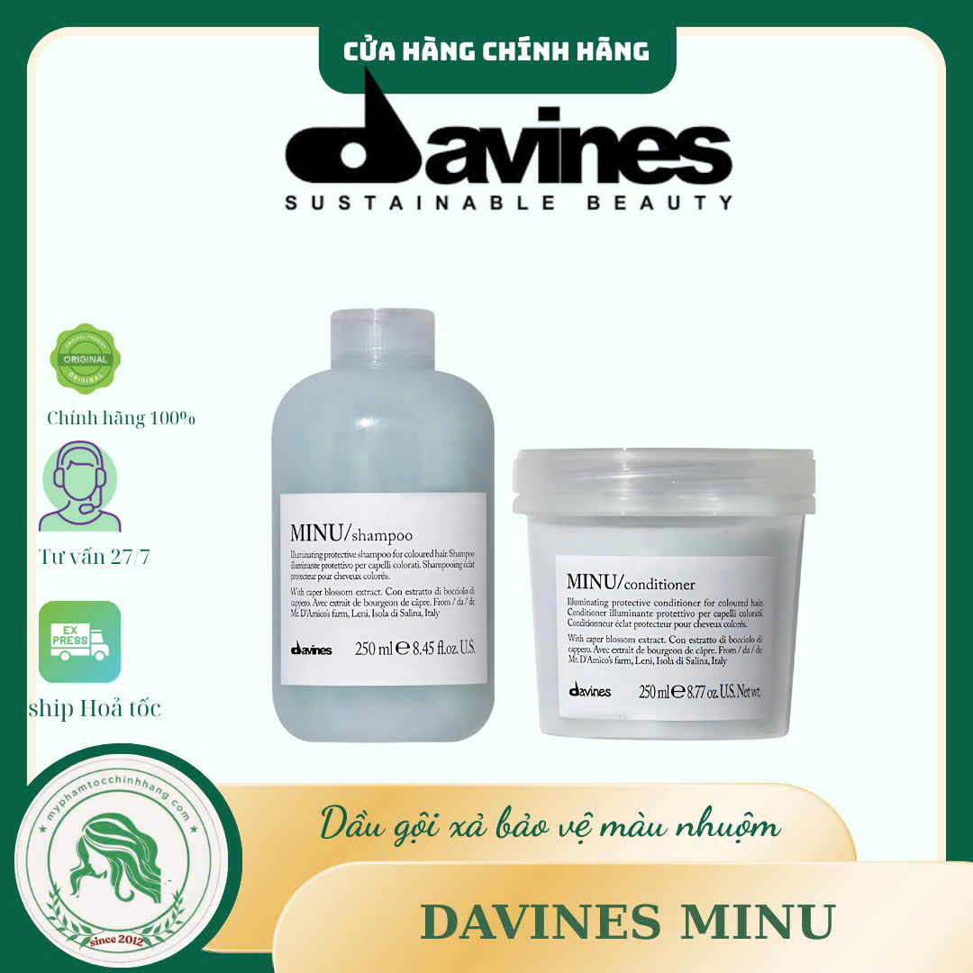 Bộ sản phẩm DAVINES MINU gồm dầu gội, dầu xả và hấp – chuyên dùng cho tóc nhuộm