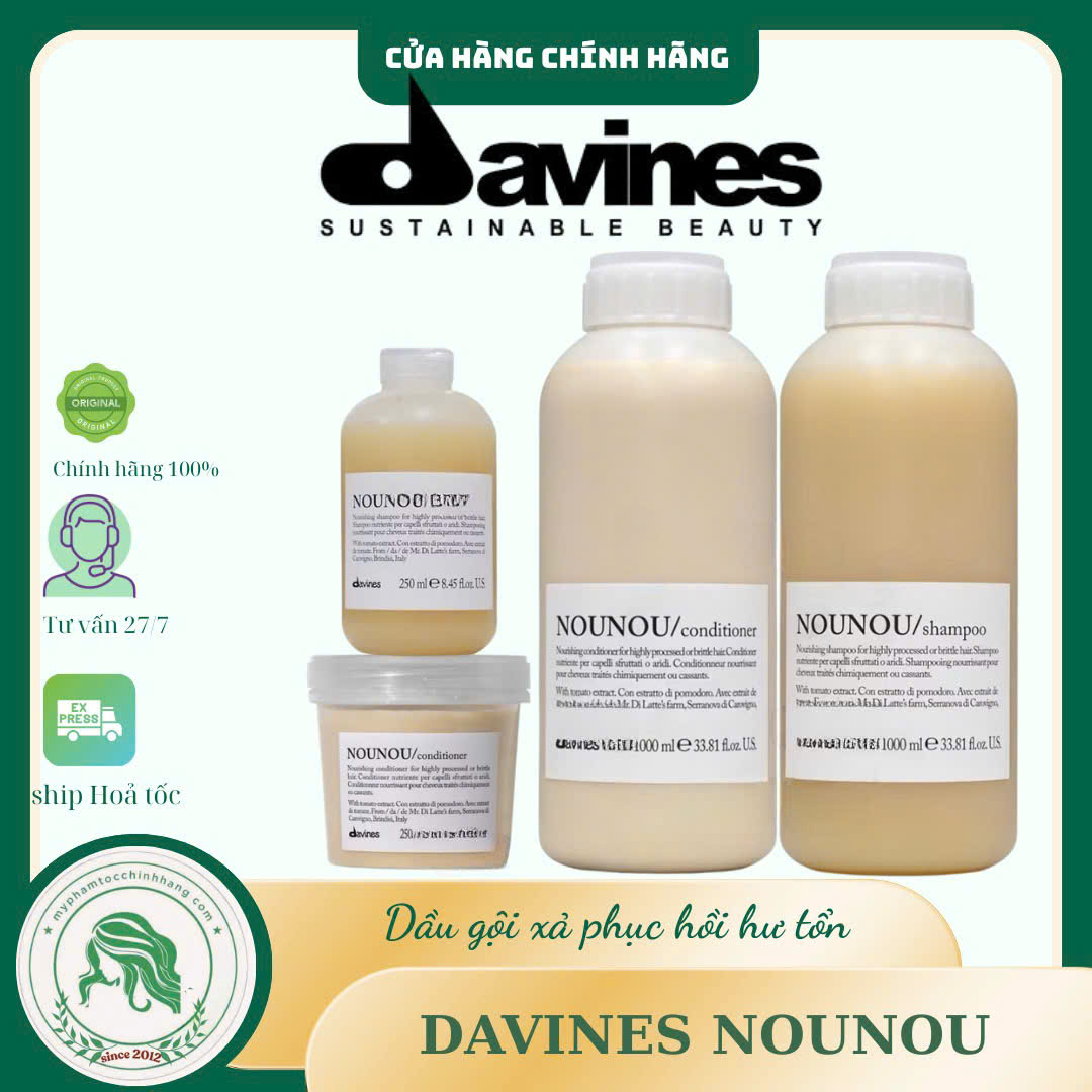 Bộ sản phẩm DAVINES NOUNOU gồm dầu gội, dầu xả và hấp – được thiết kế đặc biệt cho tóc nhuộm, tẩy, tóc khô yếu cần phục hồi sâu