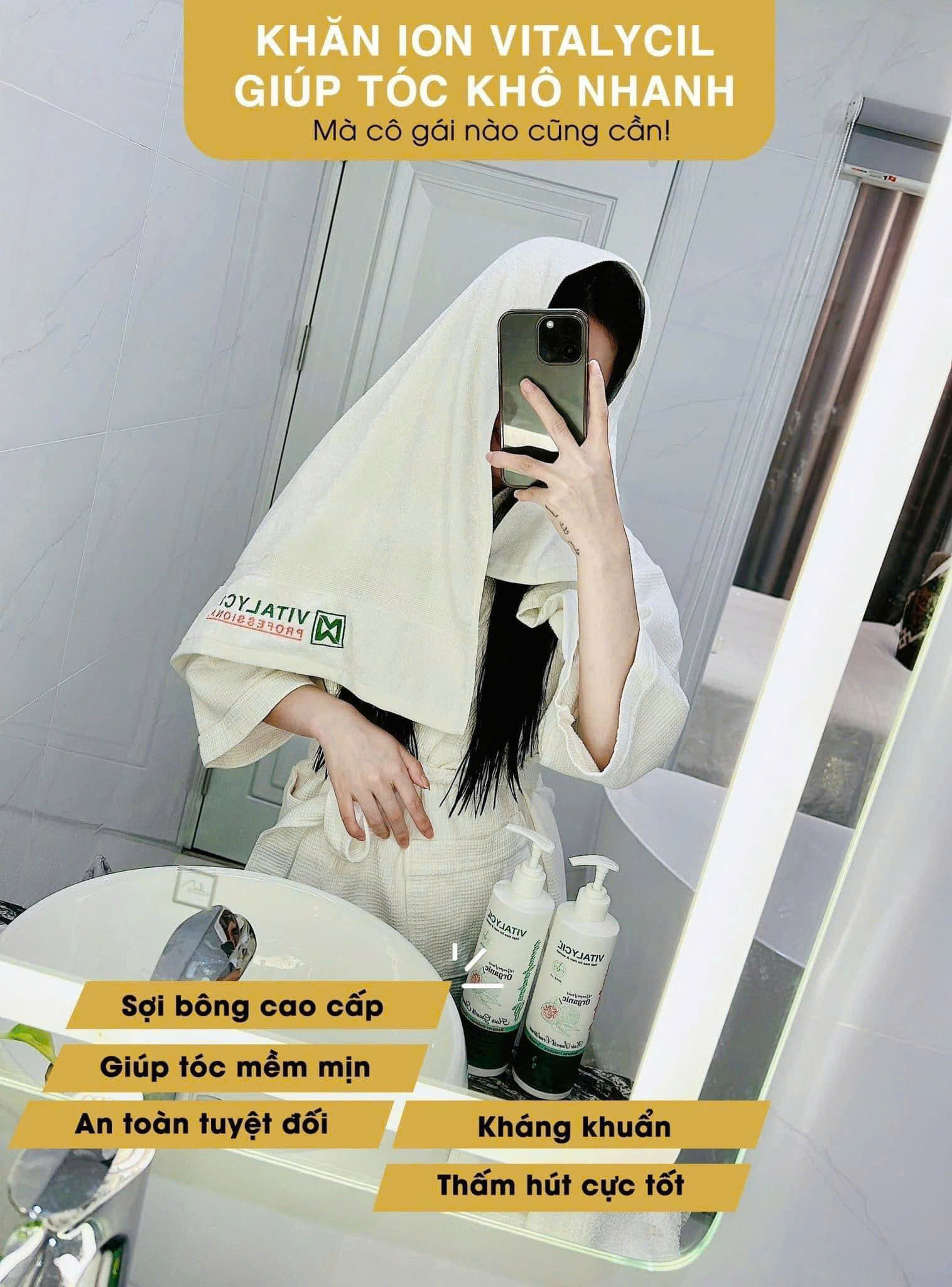 Set khăn lau tóc+khăn tắm giữ nhiệt ion Vitalycil