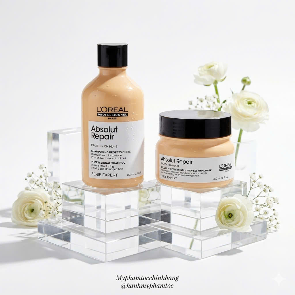 Dầu gội xả hâp, dầu dưỡng tóc phục hồi L'Oréal vàng Absolut Repair