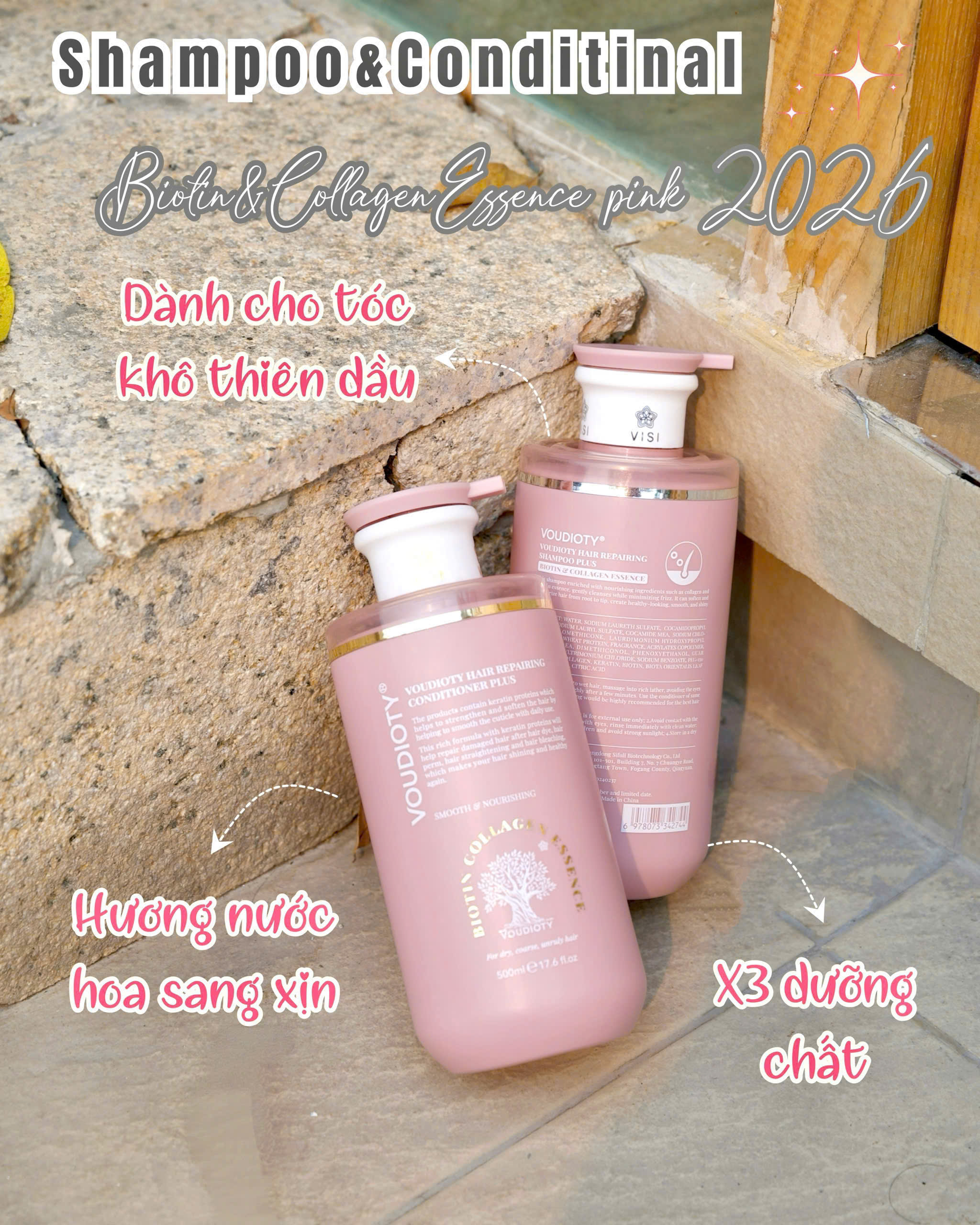 Dầu Gội Xả, Hấp, Dầu Dưỡng Tóc Biotin Collagen hồng Essence Pink 500ml 2026 MỚI