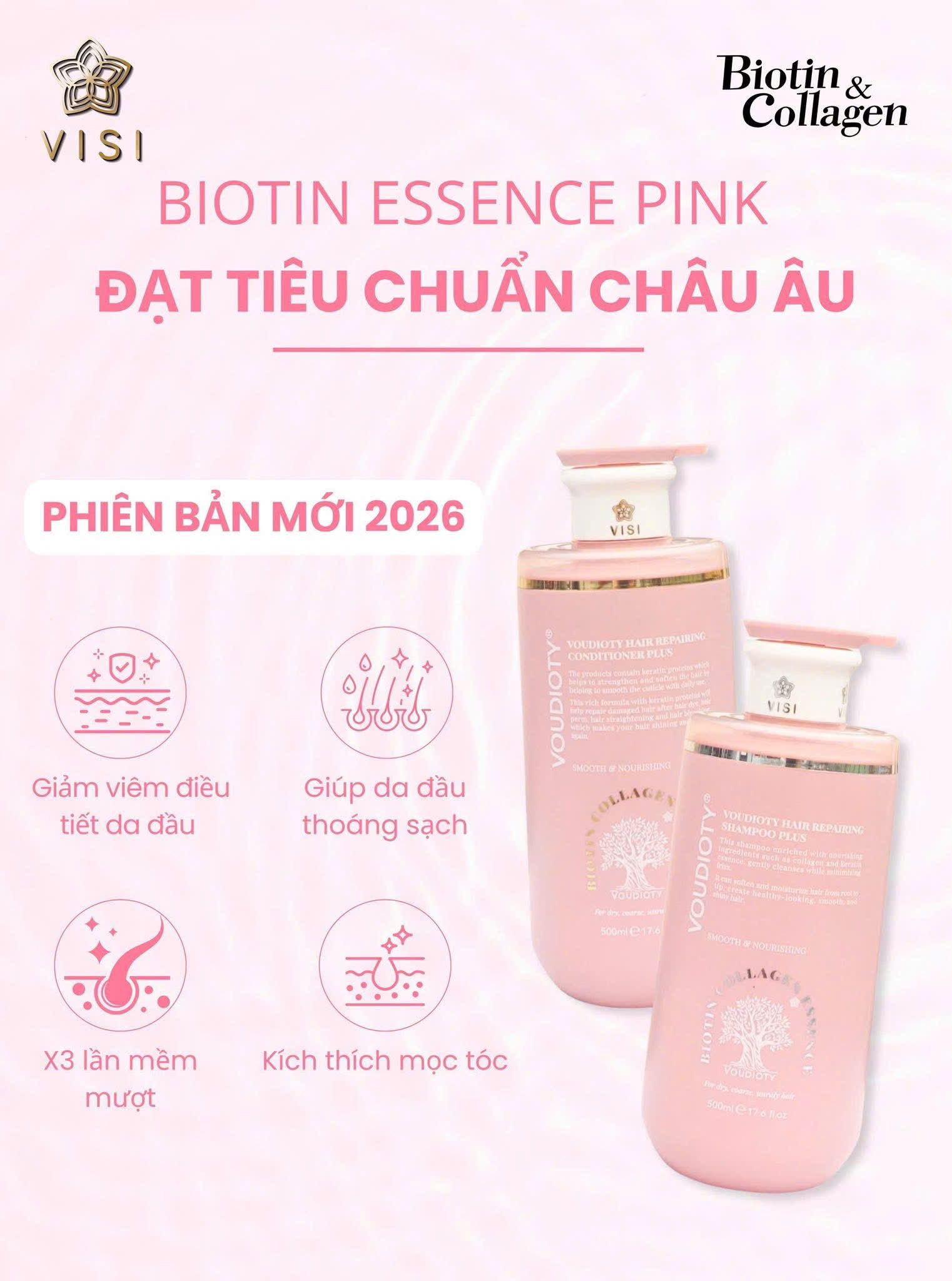 Dầu Gội Xả, Hấp, Dầu Dưỡng Tóc Biotin Collagen hồng Essence Pink 500ml 2026 MỚI