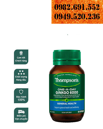 Viên uống bổ não, tuần hoàn máu não Thompson's Ginkgo 6000 lọ 60 viên