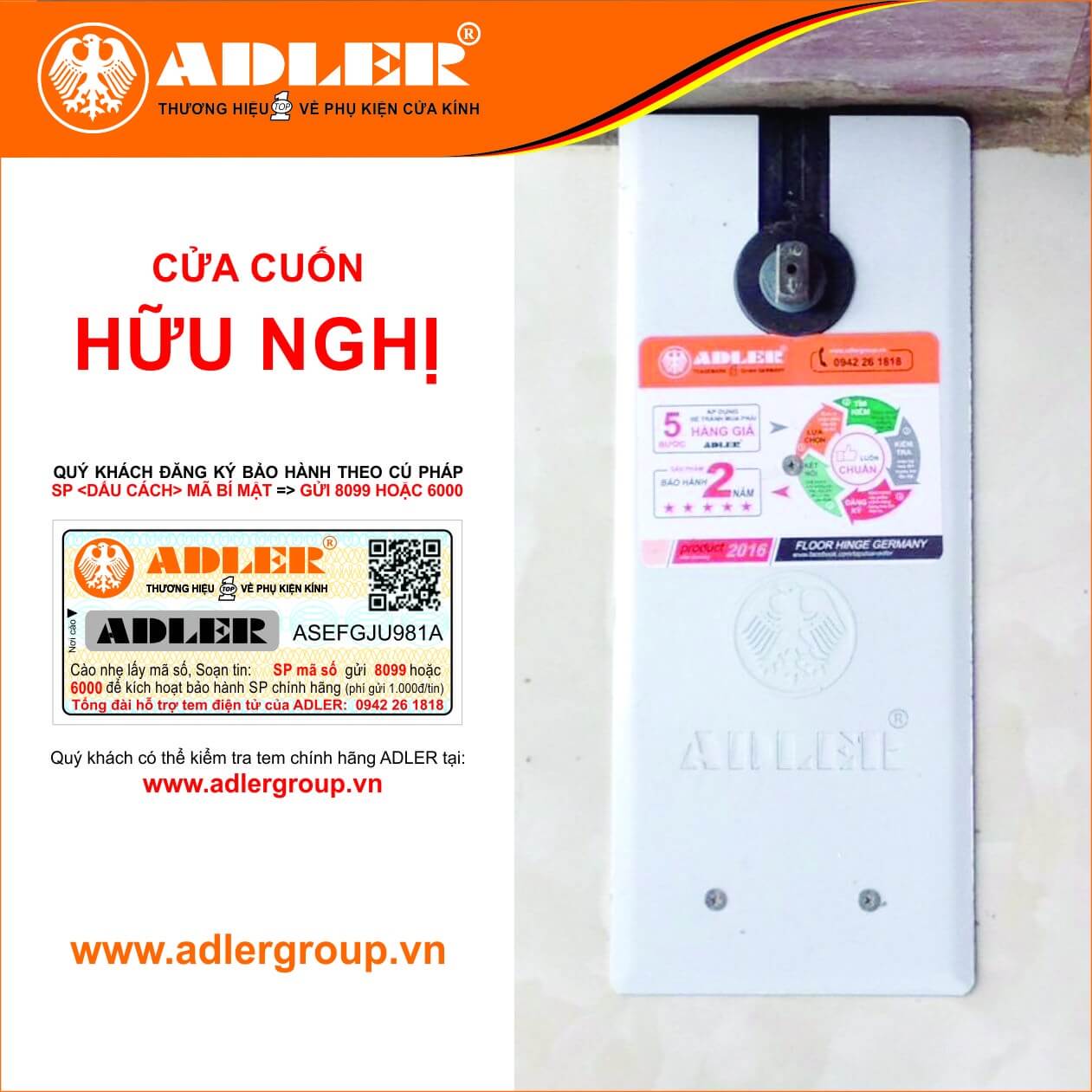 Cửa cuốn Hữu Nghị cùng bản lề sàn cửa kính Adler