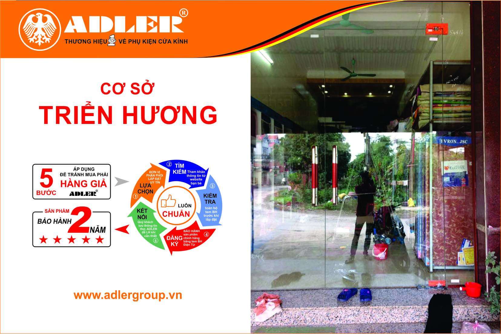 Lắp đặt bản lề cửa thủy lực Adler cùng nhôm kính Triển Hương
